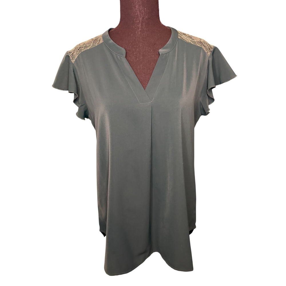 Gaharu Womens Forest Green Lace Yoke Flutter Sleeve V-Neck Blouse Top Medium